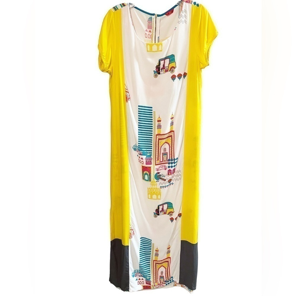 Multicolored Short Sleeve Maxi Dress Yellow Turquoise White. Sz 14